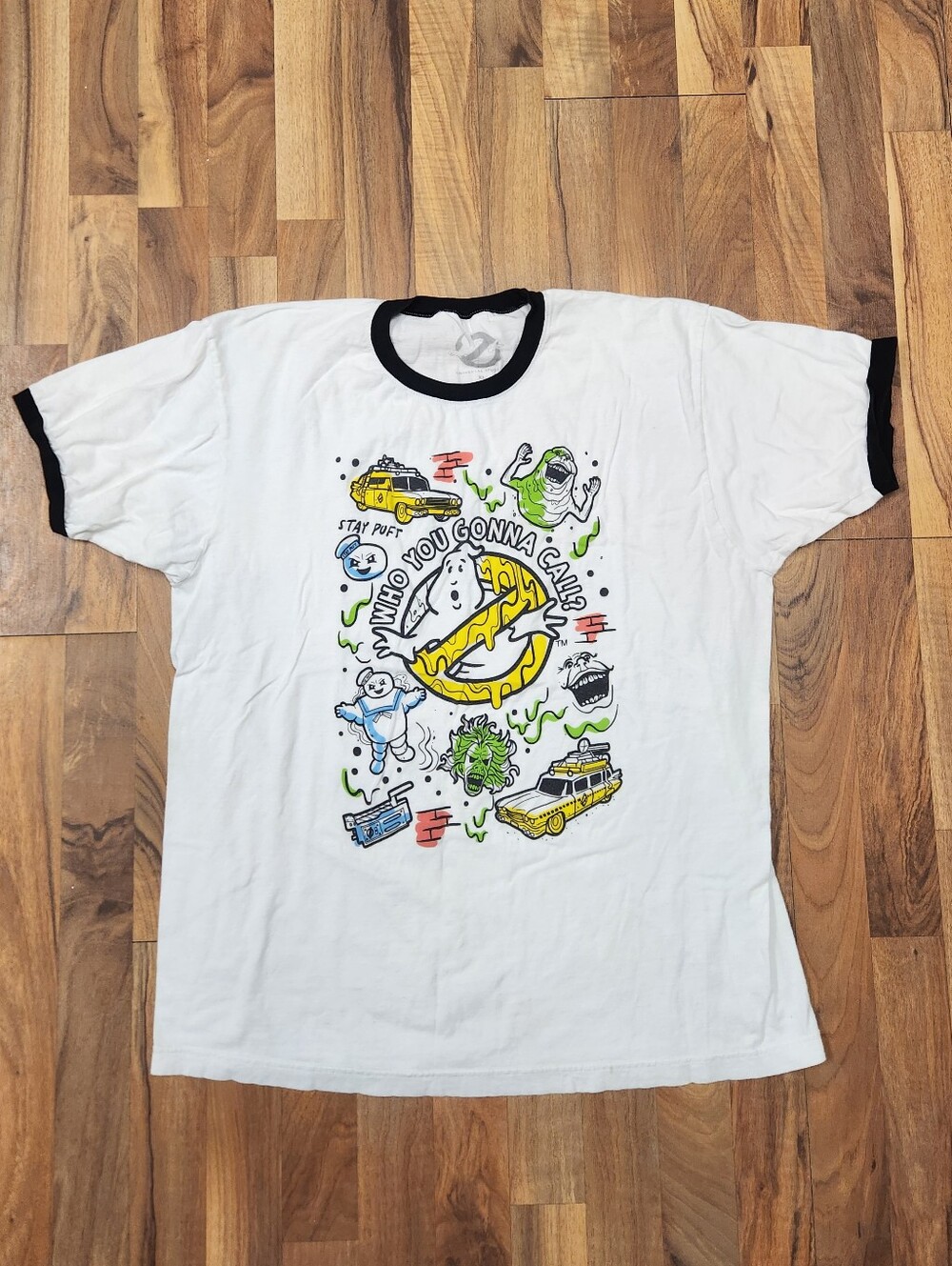 Universal Studios Mens Ringer Tee T-shirt Ghostbusters Doodle White Sz XL